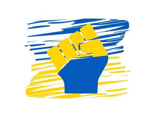 Цветной человеческий кулак на фоне флага Украины. Концепция сопротивления. Прекратить войну между Россией и Украиной. Солидарность с Украиной и украинскими патриотами. Молитесь за Украину