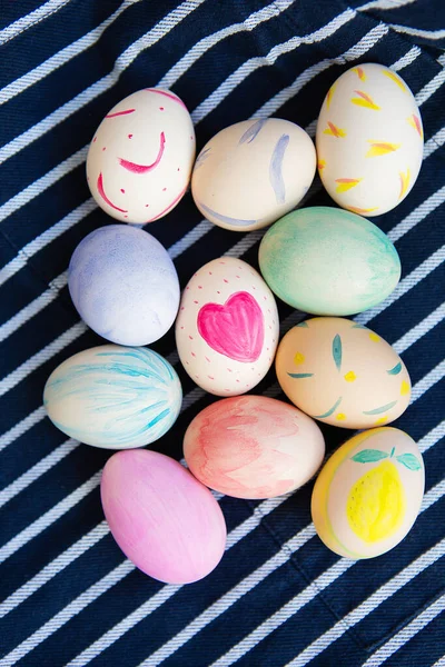 Beautiful Easter Eggs Painted Watercolors Lie Striped Blue Fabric Easter — Stock Photo, Image