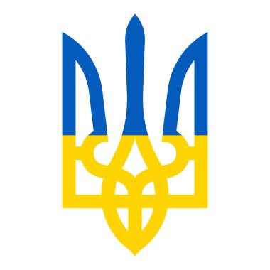 Sarı mavi mızrak - vektör çizimi. Ukrayna 'nın küçük arması - tryzub, devletin üç resmi sembolünden biridir. Ulusal Ukrayna amblemi - Ulusal bayrak renklerinde mızrak