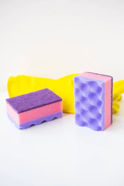 Vorbereitung Für Die Hausreinigung Waschlappen Gummihandschuhe Sauberkeits Und Reinigungskonzept — Stockfoto