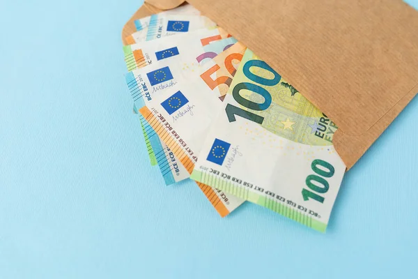 Cache Euro Money Banknotes 100 Denominations Coming Out Envelope Blue — Foto de Stock