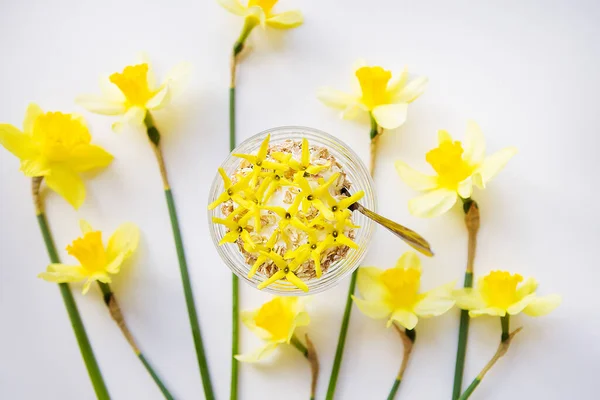 Masada Büyük Bir Buket Nergis Güzel Sarı Çiçekler — Stok fotoğraf