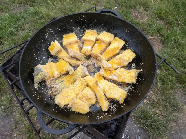 Roasting Pike Pan Fire Small Crispy Pieces Fish Fried Oil — Stockfoto