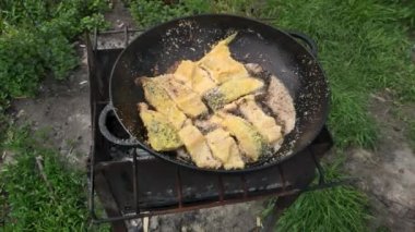 BBQ tavasında yanan kömürlerin içinde baharatlı ve otlu sulu somon kızartma. Yanan ateşte kızartılmış balık. Adam eli kızartma tavasına bir parça balık koydu. Yazın piknikte ızgara yemek.