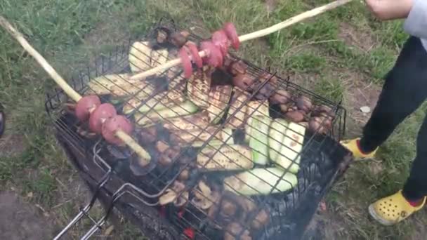 Resting Child Boy Scouts Fry Sausages Wooden Skewers Close Children — Stok video