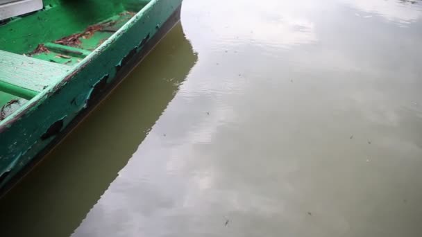 Old Wooden Boat Peeling Green Paint Oars Sways Water Gerridae — Stockvideo