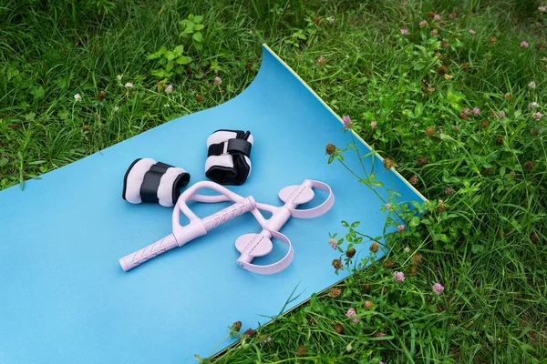 Outdoor Aktivitäten Yogamatte Mit Gewichten Und Massagegerät Sport Der Natur — Stockfoto