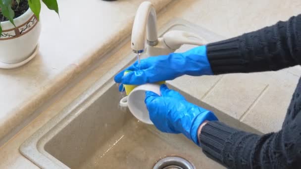 Woman Hand Blue Surgical Glove Holding Kitchen Sponge Foam Cleaning — Vídeo de Stock