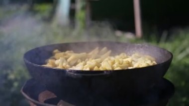 Açık havada ev yapımı kızarmış patates kızartma tavası pişirmek. Özel dökme bir tabakta patates kızartmak. Açık ateşte basit yemekler pişirmek - açık hava eğlencesi ya da piknik konsepti