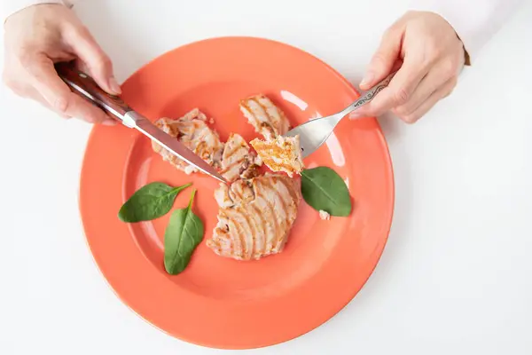 Close Shot Juicy Delicious Grilled Tuna Steak Bright Coral Plate — Stock Photo, Image