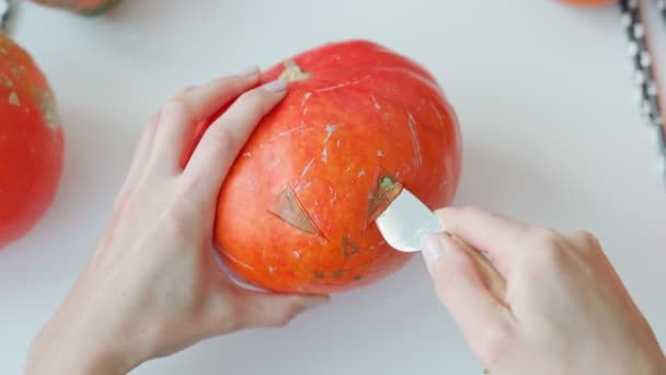 Girl Preparing Scary Pumpkin Autumn Holidays Woman Making Halloween Attribute — Stock Video