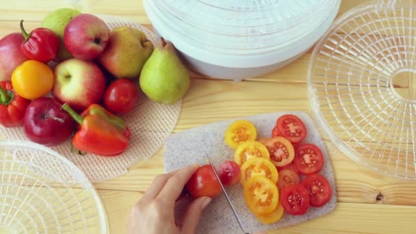 女性は果物脱水機でさらに乾燥させるためにボード上の熟したトマトをスライスします 女の子の手はキッチンで木製のテーブルでナイフで赤いトマトをカット ピーマン リンゴと梨が背景に横たわっています — ストック動画