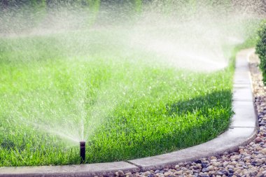 Çimenleri sulayan fıskiyeler, bahçede yeşil çimenler