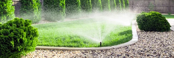 Sprinklers Watering Grass Green Lawn Garden — Stock Photo, Image