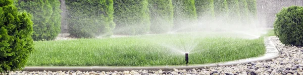 Sprinklers Watering Grass Green Lawn Garden — Stock Photo, Image