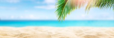  Güneşli tropik Karayip plajı palmiye ağaçları ve turkuaz su, Karayip adaları tatili, sıcak yaz günü