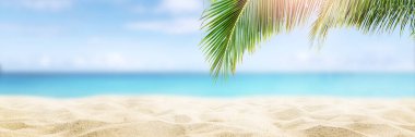  Güneşli tropik Karayip plajı palmiye ağaçları ve turkuaz su, Karayip adaları tatili, sıcak yaz günü
