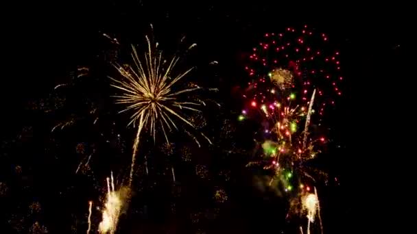 Prawdziwy Pokaz Fajerwerków Ciemnym Niebie Obchody Nowego Roku — Wideo stockowe