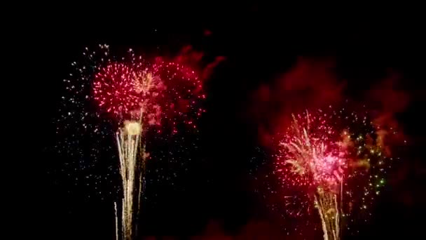 Prawdziwy Pokaz Fajerwerków Ciemnym Niebie Obchody Nowego Roku — Wideo stockowe