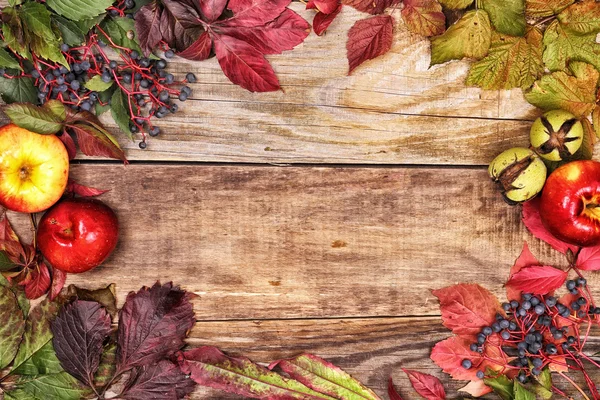 Autumn leaves and apples on old wood — Stock Photo, Image