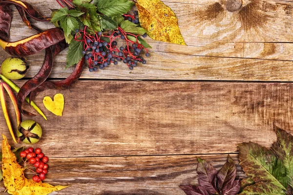 Autumn leaves on old wood — Stock Photo, Image