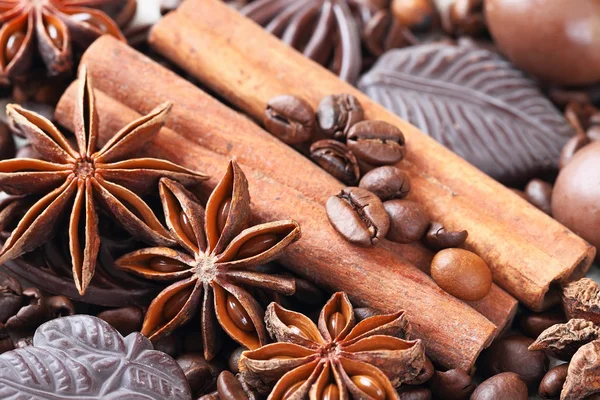 Anice, cannella, cioccolato e chicchi di caffè — Foto Stock