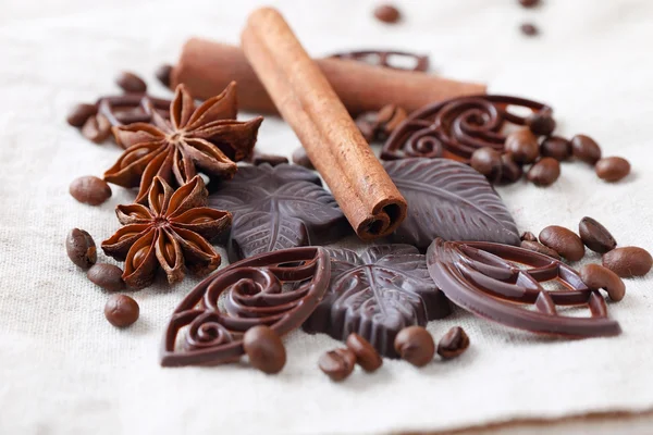 Anice, cannella, cioccolato e chicchi di caffè — Foto Stock