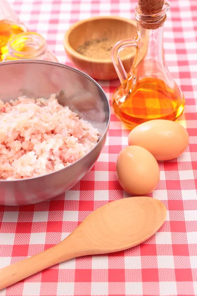 Minced fish in the bowl and spices — Stock Photo, Image
