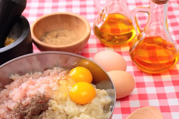 Minced fish in the bowl and spices — Stock Photo, Image