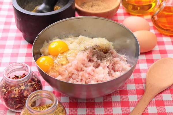 Minced fish in the bowl and spices — Stock Photo, Image