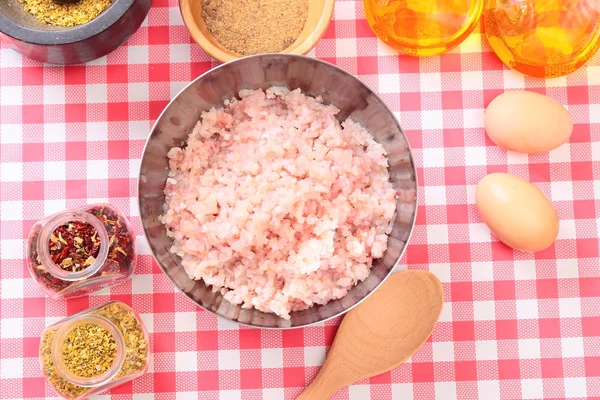 Minced fish in the bowl and spices — Stock Photo, Image