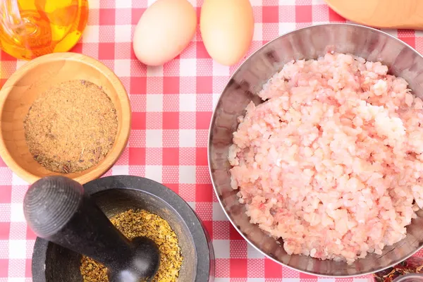 Minced fish in the bowl and spices — Stock Photo, Image