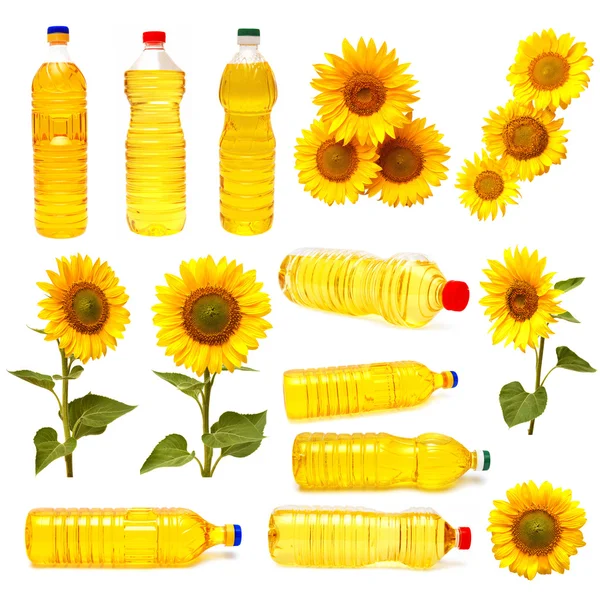 Sunflowers and bottles of sunflower oil — Stock Photo, Image