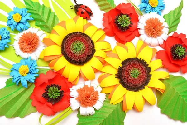 Sunflowers, daisies, ladybug paper origami-style — Stock Photo, Image