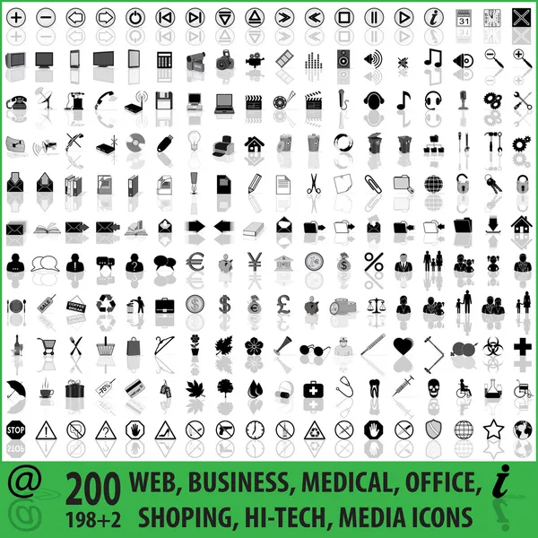 200 web, üzleti, orvosi, Office, vásárlás, Hi-Tech, Media Icons Stock Vektor