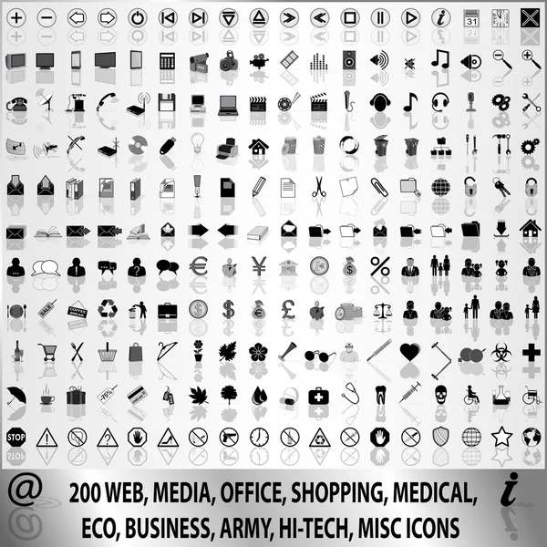 200 web, medios de comunicación, compras, médicos, eco, negocios, ejército, alta tecnología, diversos iconos — Vector de stock