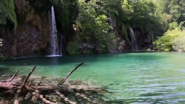 Beautiful waterfall and small pure transparent lake — Stock Video