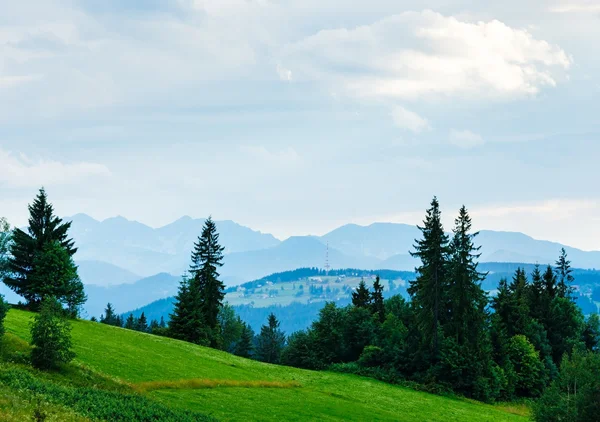 Estate nebbioso vista montagna paese — Foto Stock