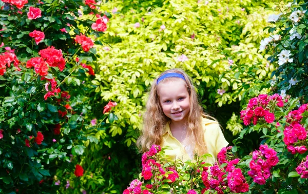 Portret meisje en rozenstruiken — Stockfoto