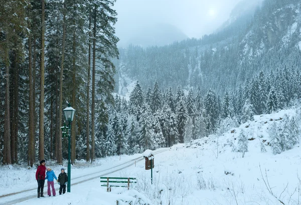 Zimowe krajobrazy górskie i rodziny (austria, Tyrol). — Zdjęcie stockowe