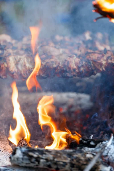 Carne em espetos sobre fogueira . — Fotografia de Stock