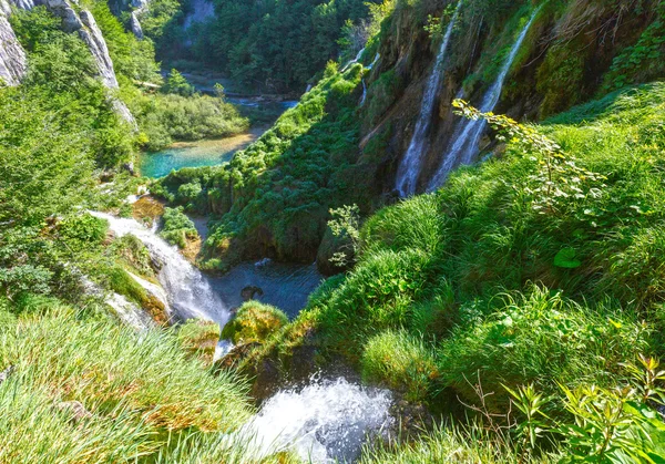 Vattenfall och gräs i Plitvice Lakes National Park (Kroatien) — Stockfoto