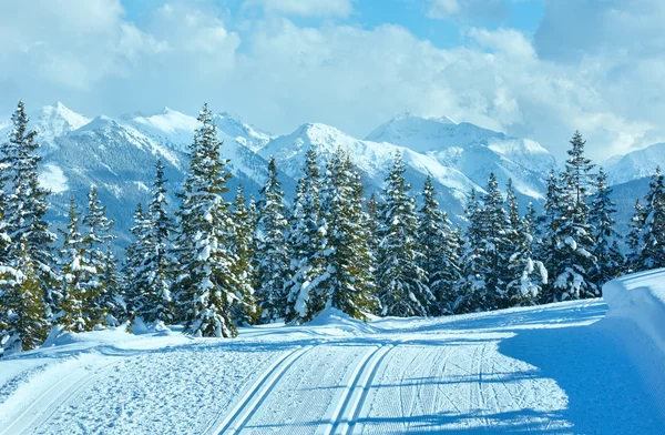 Paisagem de montanha de inverno e pista de esqui (Papageno bahn, Áustria ) — Fotografia de Stock
