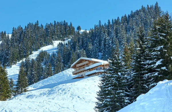 Inverno nebbioso montagna e casa in legno — Foto Stock