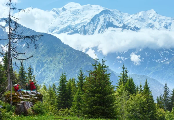 Mont Blanc macizo de montaña (vista desde las afueras de Plaine Joux) y — Foto de Stock