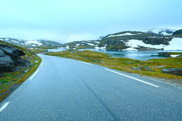 Sommerberg mit See und Straße (Norwegen) — Stockfoto