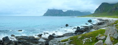 haukland plaj yaz panoraması (Norveç, lofoten).