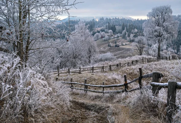 겨울이 가을의 마지막 지방의 아침이었다 언덕에서 마을까지 더러운 우크라이나 카르파티아 — 스톡 사진