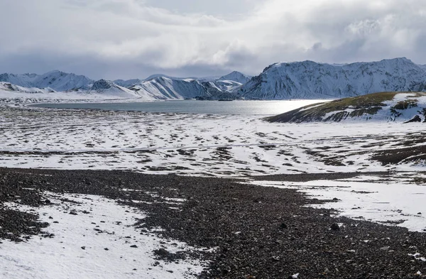 Season Changing Southern Highlands Iceland Colorful Landmannalaugar Mountains Snow Cover — Stock Photo, Image