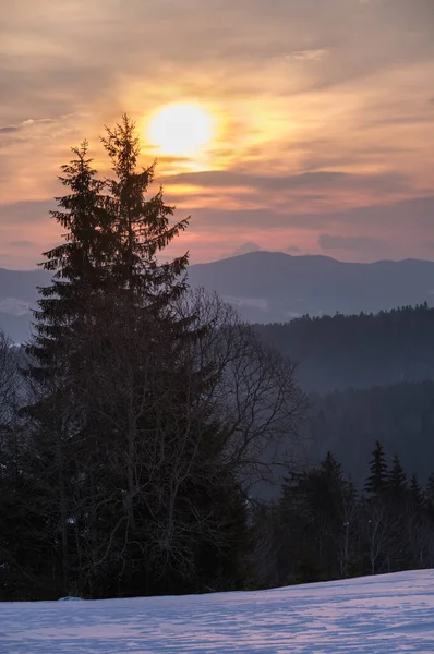 Kis Alpesi Falu Téli Havas Hegyek Első Napkelte Napfény Körül — Stock Fotó
